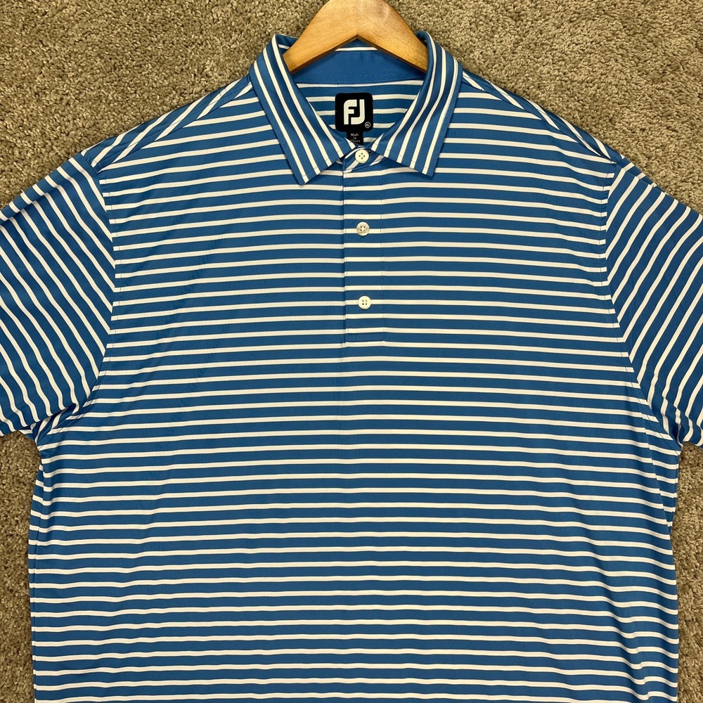 FootJoy Polo Shirt Mens XL Blue White Striped Short Sleeve Golf Ivanhoe Logo EUC
